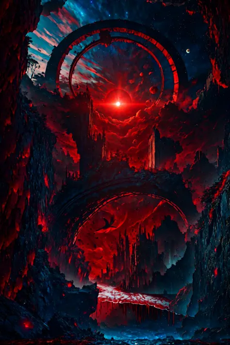 a red and black image of a giant alien spaceship in a cave