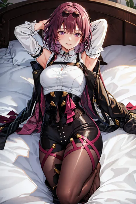 masterpiece, best quality,  <lora:kafka-nvwls-v1-final:0.9> kafka, purple eyes, sunglasses on head, black jacket, collared shirt, black shorts, pantyhose, seiza, bed, arms behind head, smile <lora:fujimaru-style:1>