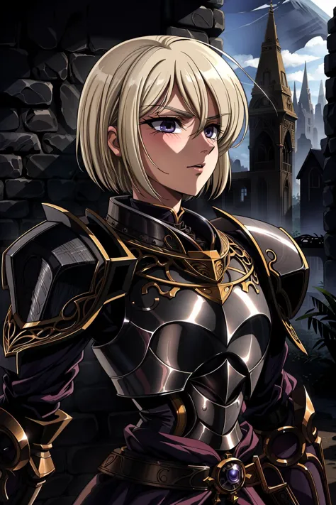 a close up of a person in a armor outfit standing in front of a castle