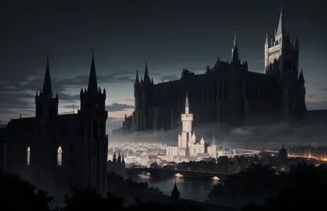 ((masterpiece, best quality)), absurdres, ((detailed background)), ((ultra detailed)), view from above, wide angle, (medieval city:1.3), gothic, (gothic city:1.6), (huge cathedral with high towers:1.2), stone walls with towers, spikes, many medieval homes with chimneys, smoke from chimneys,(castle:1.5), (gothic palace:1.2), (clocktower:1.3), sea port, (ships:1.1), at night, moon, moonlight, rain, landscape, detailed background, medieval, dark fantasy, cloudy sky, dark, torchlights, overpopulated, many details, city, fantasy, realistic lightning, (black stone), scenery,aerial view,((panoramic view)), <lora:gothichorrorai_v10:0.5>, 
detailed lighting, realistic colours, vivid colours, the most beautiful form of chaos, elegant,romanticism, ecstasy of light and shadow, deep shadow, (low key:1.3), (dark theme:1.3),
<lora:lowkey_v1.1:0.9>,