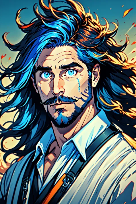 Niji Lora Style,masterpiece, best quality, 1boy, male focus, solo, facial hair, beard, blue hair, blue eyes, looking at viewer, long hair, closed mouth, mustache, shirt, portrait, upper body, wild hair, fluffy hair, wind swept hair,   <lora:Niji_Lora:1>