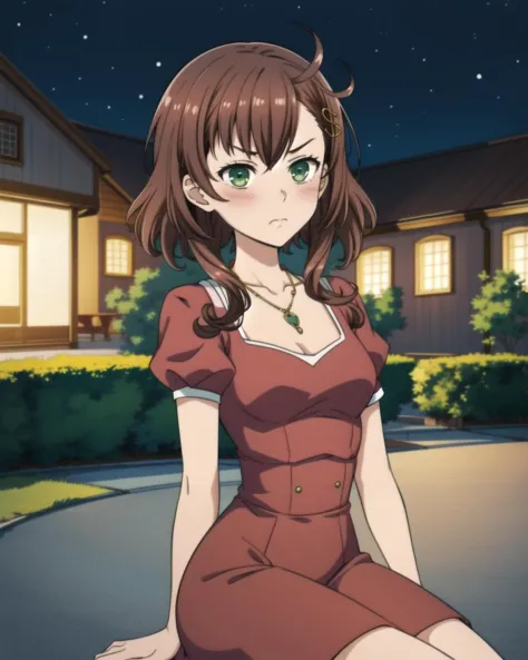 masterpiece, high quality, 1girl, brown hair, ahoge, hair ornament, green eyes, long red dress, necklace, double hairpin, close shot, detailed hands, intricated, sitting, shy, blush, outdoors, park, night, <lora:mgrckanokoyayoi-000008:0.8>,  <lora:add_detail:0.5>,  <lora:colorify:0.5>