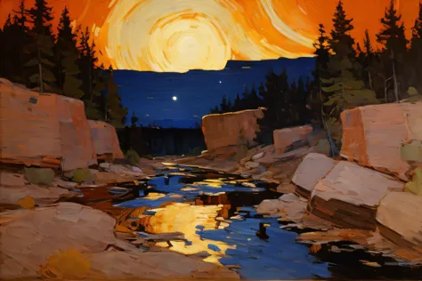 tom_thomson, a painting of a winding river in a deep canyon desert at night, landscape <lora:Tom Thomson:1>