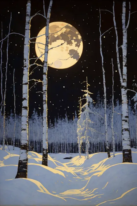 tom_thomson, a painting of a birch forest in the winter, distant moon, landscape <lora:tom thomson:1>