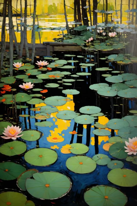 tom_thomson, a painting of a garden, koi pond, water lilies, landscape  <lora:Tom Thomson:1>