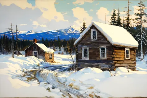 tom_thomson, a painting of old wester_frontier cabin in snow, <lora:Tom Thomson:1>