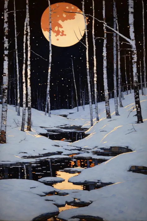 tom_thomson, a painting of a birch forest in the winter, distant moon, landscape <lora:tom thomson:1>