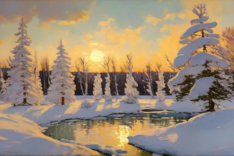 a dynamic painting of a snowy scene with a gleam of sunlight falling on trees and an icy lake in the impressionist style of <lor...