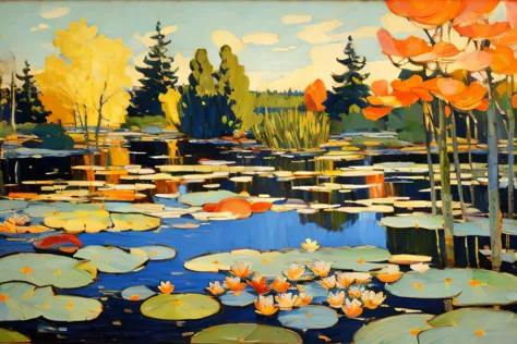 tom_thomson, a painting of a garden, koi pond, water lilies, landscape <lora:tom thomson:1>