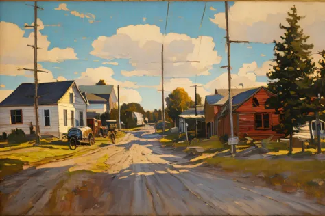 tom_thomson, a painting of a rural town with a road, downtown diner, antique cars, signage, landscape <lora:tom thomson:1>