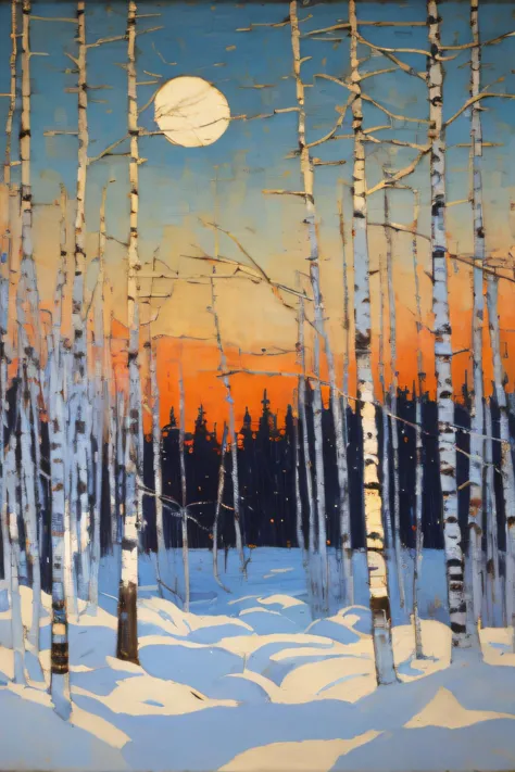 tom_thomson, a painting of a birch forest in the winter, distant moon, landscape <lora:tom thomson:1>