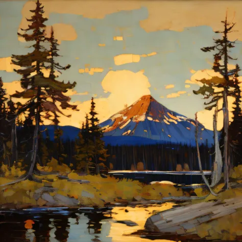 tom_thomson, a painting of a mountain and forest landscape <lora:tom thomson:1>