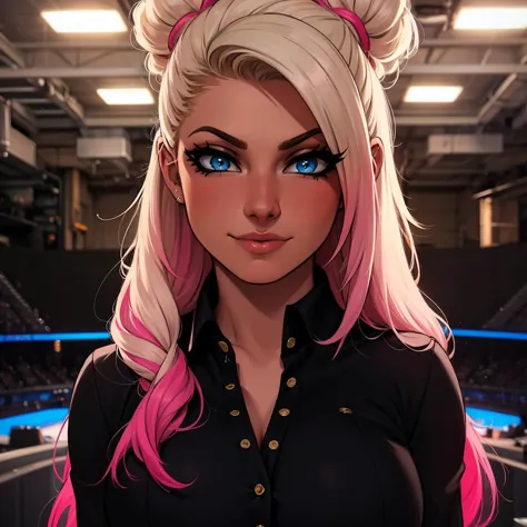 Best_QualityPos, RAW photo, intricate details, best quality, 8k uhd, soft lighting, 1girl, solo, alexa bliss, blue eyes, long hair, multicolored hair, pink hair, blonde hair, black collared shirt  <lora:Alexa_Bliss:0.6> <lora:exposure_control_v10:-0.45>