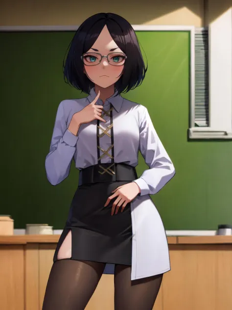 a woman in a skirt and glasses standing in front of a chalkboard