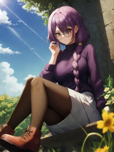 anime girl sitting on a stone bench with a purple shirt and white skirt