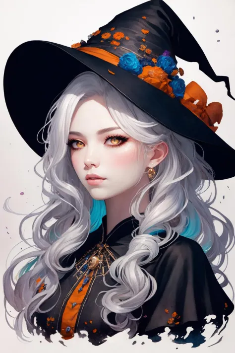 an extremely delicate and beautiful,masterpiece,best quality, ultra-detailed, illustration,Gorgeous and rich graphics,watercolor,realistic,floating,disheveled hair, liquid hair,solo,a girl,beautiful detailed girl,witch hat,holding_magic_cane ,colorful eyes,beautiful detailed eyes,platinum hair,multicolored hair,streaked hair, multicolored clothes,halloween,shining, sunlight,colorful bubble, colorful background,high saturation,surrounded by colorful splashes,<lora:SilvermoonMix08:1>