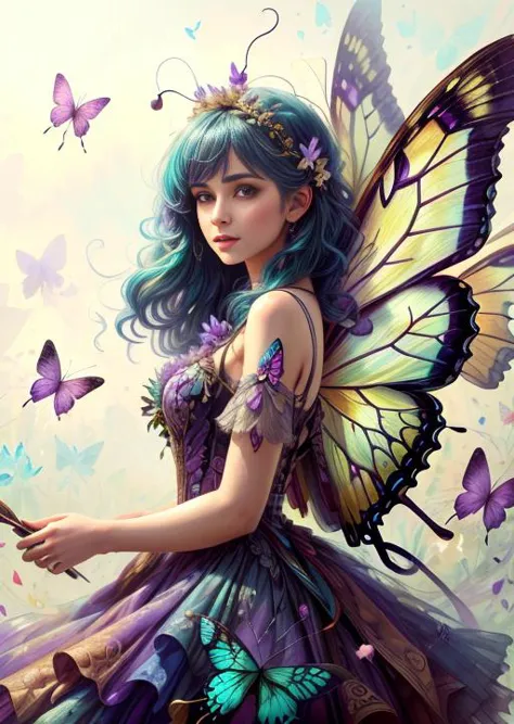 line art, watercolor wash, abstract, 1girl, (30 years old fairy with large purple and turquoise butterfly wings:1.4), wings on her back, long purple and turquoise dress made of petals, (dress made of petals:1.4), purple and turquoise updo hairstyle, beautifull face, intricately detailed eyes, ethereal background, bright colors, approaching perfection, minimalistic, unfinished, concept art, by Brian Froud and Carne Griffiths and Wadim Kashin and John William Waterhouse, intricate details, high resolution, trending on artstation, sharp focus, studio photo, intricate details, highly detailed, by greg rutkowski, sharp focus, smoke, sparks, by pascal blanche, rutkowski repin, painting, matte painting, 4k resolution, watercolor wash background, <lora:FairyTaleAI:0.5>, <lora:more_details:0.5>