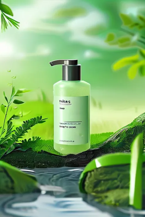 a bottle of soap sitting on top of a lush green field of grass next to a tree branch with leaves,productscene <lora:productscene:1>