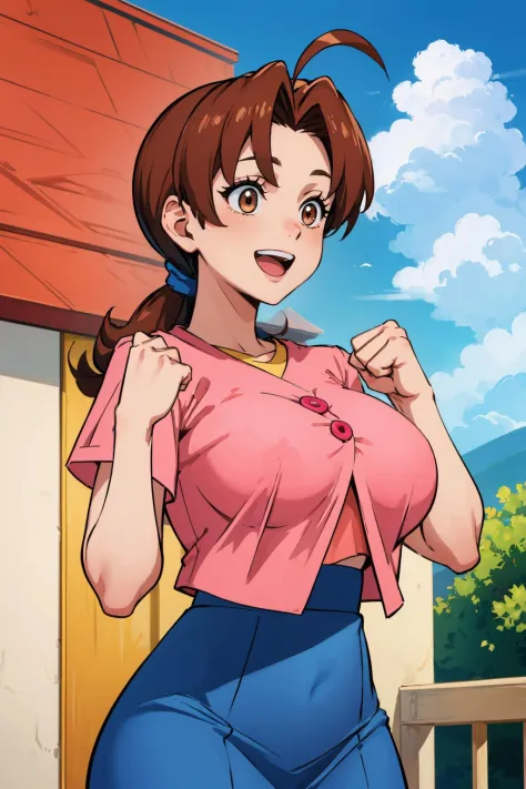 masterpiece, best quality, pkmnDelia, ponytail, pink shirt, blue skirt, smile, cowboy shot, large breasts, :D, hands up, fists, excited, blue sky, clouds, house