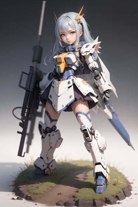 solo,weapon,big cannon,gun,standing,1girl,gold,mecha musume,Axisymmetric,full armour,holding,white background,robot,mecha,msgirl...