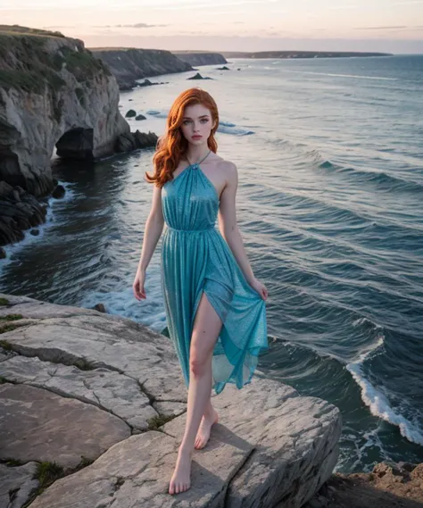 RAW, Nikon D6, 55mm f/1.4, full body glamour photograph of  a fit 25 year old woman, jp-Gingerv1-275, standing on cliff looking ...