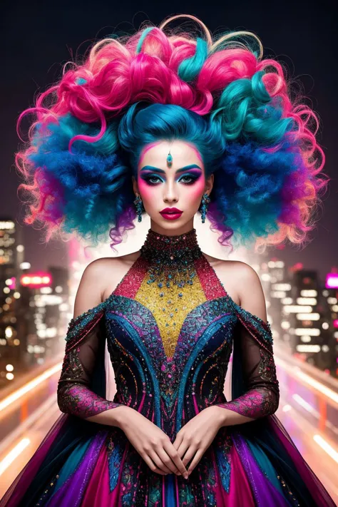 RAW photo of A vibrant fashion portrait showcasing a stunning model with wild, colorful hair, adorned in avant-garde makeup and ...