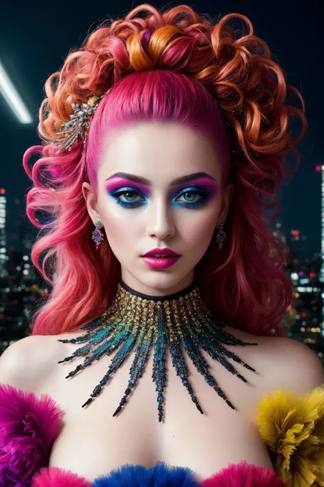 (masterpiece, best quality:1.4), RAW photo of A vibrant fashion portrait showcasing a stunning model with wild, colorful hair, a...