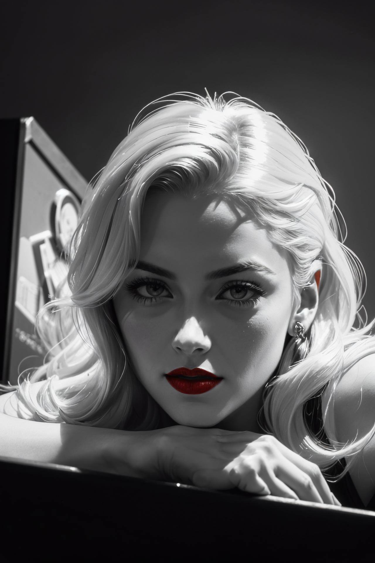 A close up of a woman with a red lipstick on a black and white photo -  SeaArt AI