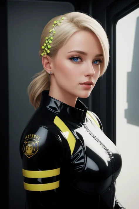 Female cyberpunk russin solider blonde female officer ((wearing yellow latex combat gear with mistletoe decorations)) gorgeous b...