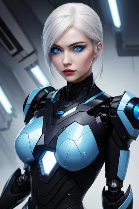 a female with an artificial face and blue eyes in the style of futuristic robots cracked