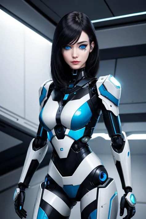 a female with an artificial face and blue eyes in the style of futuristic robots cracked