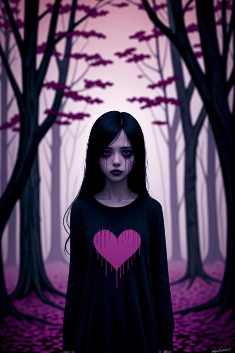 illustration, cartoon, soothing tones, calm colors, (solo:1.1), a digital arf of a undead girl, (pink, heart, love:1.1), wounds,...