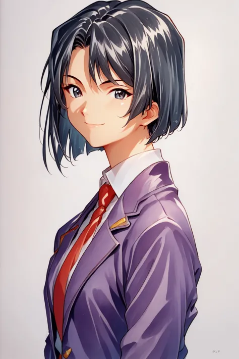 anime girl with short black hair wearing a purple jacket and red tie