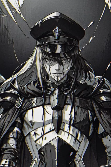 best quality,masterpiece,chromatic aberration, blood, armor, male focus, 1boy, solo, long hair, monochrome, blood on face, greyscale, looking at viewer, cape, upper body, <lora:XenotripStyle:1>