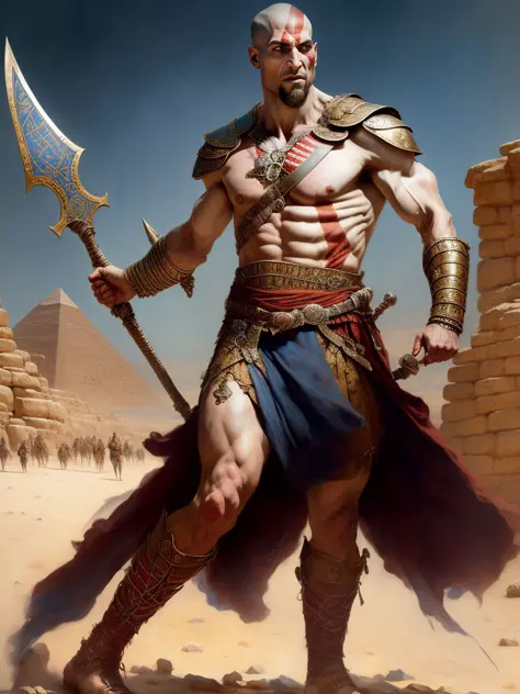 goatee kratos person dressed in Egyptian spaulders, bursting into fury, flexing arms, blades, pharaoh armor, gold, lapiz lazuli, hieroglyphs, boots, desert, pyramids, soft impressionist perfect composition, character portrait, intricate, oil on canvas, mas...