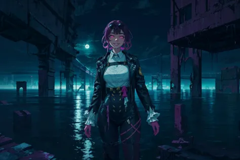 masterpiece, best quality, absurdres, <lora:kafka-hsr-richy-v1:1> kafka, 1girl, (close-up:1.1), cowboy shot, standing, smile, glowing eyes, looking at viewer, <lora:Submerged ruins-v1:0.7>, partially submerged, cyberpunk,neon lights, neon trim, ruins, ocean, beach, rooftop, night, night sky, darkness, moon, raining, cloud, cloudy sky, rain, water, wet, water drop, foggy, fog, wading, bridge, golden gate bridge, arch