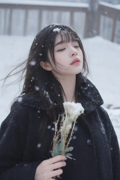 a woman in a black coat holding a white flower in the snow