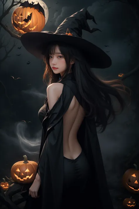 1girl,witch,hat,dark theme,mist,fog,branch,black robe,jack-o'-lantern,halloween,bat,ghost,wand,tombstone,white flame,glowing,moon,happy,blush,flying,floating,wind,floating hair,halo,magic,cowboy shot,dynamic pose,purple theme,upper body,from back,backless outfit,cropped shoulder,