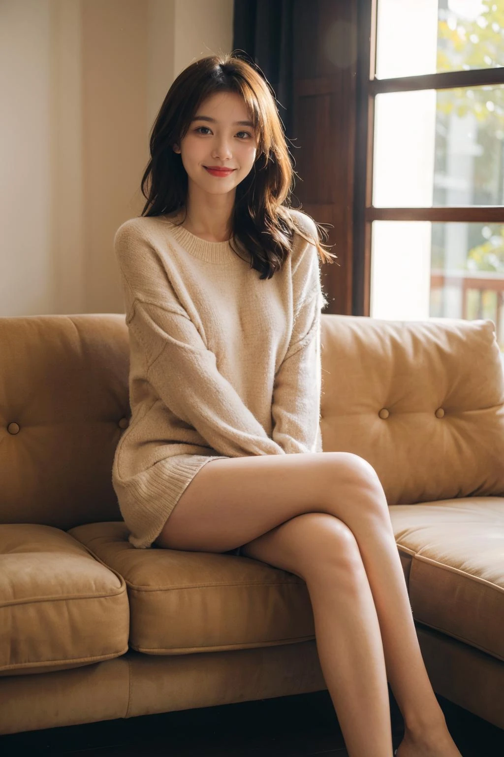 1girl,sitting on a cozy couch,crossing legs,soft light,light smile,