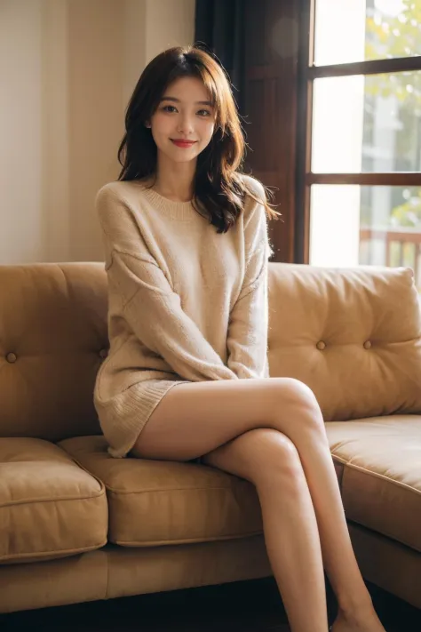 <lora:MengX girl_Mix_V40:0.9>, 1girl,sitting on a cozy couch,crossing legs,soft light,light smile,