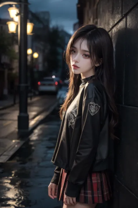 1girl,shaded face,upper body,punk,black shirt,choker,tattoo,bangs,in the dark,under the eaves,rain,rainy day,plaid skirt,multicolored hair,thigh boots,black lips,hypnoLora,empty eyes,against wall,dark theme,night,lamppost,wind,floating hair,from side,looking back,