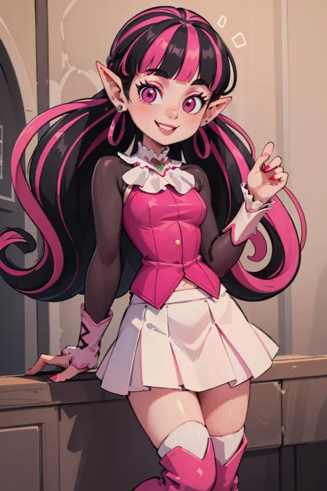 ((masterpiece,best quality)), absurdres,
<lora:Draculaura_Anime:0.8>, Draculaura_MH, solo, black hair, pink hair, multicolored hair, pointy ears,
white skirt, pink knee boots, smiling, contrapposto,
cinematic composition