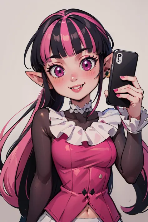 ((masterpiece,best quality)), absurdres,
<lora:Draculaura_Anime:0.8>, Draculaura_MH, black hair, pink hair, multicolored hair, pointy ears,
upper body, extremely detailed face, smile, blushing, selfie, holding phone,