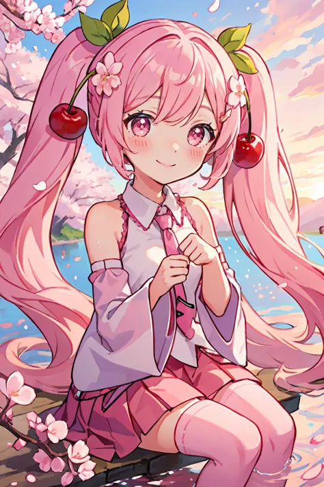 best quality), (detailed background), (detailed face), ((cinematic light)), 
 <lora:hatsunemiku1:0.7>, 01 tattoo, sakuramiku, upper body, smile, blush, sitting, ((cherry blossoms)), ((pink sleeve)), pink tone, ((pink stockings)), pink sky, sunset, lake, reflection
<lora:GoodHands-vanilla:0.8>,  <lora:thickline_fp16:0.3>  <lora:chibi:0.3> chibi,