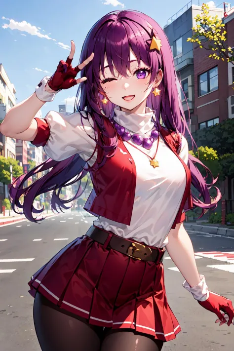 (masterpiece, top quality, best quality, official art, beautiful and aesthetic:1.2), (1girl:1.3), (fractal art:1.3), 
solo, athena97,
purple eyes,one eye closed,purple hair, long hair, earrings, red hairband, (puple spherical necklace:1.5),star hair ornament,one_hand_on_hip,one hand v,(upper body,:1.3) ,
 medium breats, red open vest, white turtleneck, white puffy sleeves, short sleeves, red pleated skirt, deep red pantyhose,yellow belt, red fingerless gloves,
(outdoors),  sunlight, cosplay photo,  (cinmatic:0.4),street simple background,