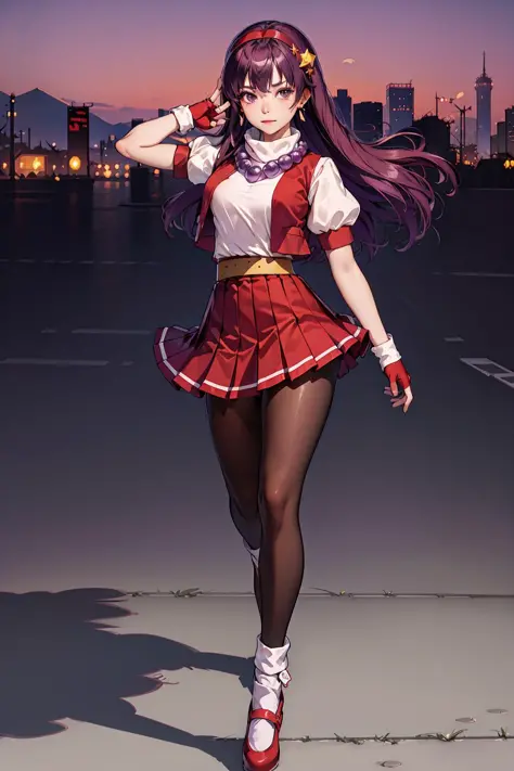 (masterpiece, top quality, best quality, official art, beautiful and aesthetic:1.2), (1girl:1.3), (fractal art:1.3), 
solo, athena97,
red shoes,(white socks:1.3),red pantyhose,
purple eyes, purple hair, long hair,red hairband, white turtleneck,white puffy sleeves,red pleated skirt,yellow belt,puple spherical necklace,red  fingerless gloves,red open vest,
star hair ornament, earrings
 medium breats,short sleeves,standing, spread legs, 
outdoors,city background,closed mouth, 
 