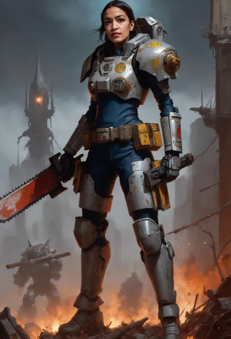 a woman in armor holding a chainsaw standing in front of a building