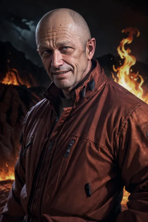 ((masterpiece, best quality, high quality, highres, ultra-detailed)), prigozhin, man, (dark shot:1.2), (portrait:1.2),  khakis military jacket, (smirk:1.4), looking at viewer, angry, (smile:1.1), demonic laughter, 
 (hell:1.4), (red lava:1.4), (red light:1.2), (fire:1.3), red mountains landscape, red rock, red clif, (vulkan, volcano:1.1),  (red sky:1.2), satanic, devil
<lora:Prigozhin:1> <lora:add_detail:0.4>, (cinematic look:1.4), soothing tones, insane details, intricate details, hyperdetailed, low contrast, soft cinematic light, dim colors, exposure blend, hdr, faded, slate gray atmosphere