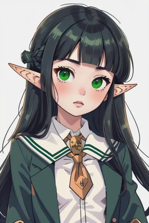 anime girl with green eyes and long black hair wearing a green jacket