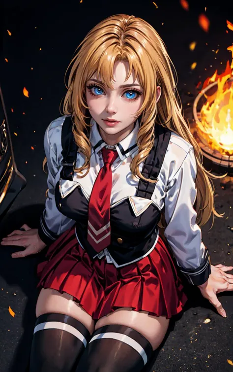 ((masterpiece, best quality)), insaneres, absurdres, solo, outdoors,
CLOTHING_BibleBlack_SchoolDress_ownwaifu, 
1girl, blonde hair,  long hair, blue eyes, 
black vest, red skirt, white shirt, collared shirt, suspenders, school uniform, black thighhighs, zettai ryouiki, necktie, long sleeves, pleated skirt, red necktie, 
(from above, sitting)<lora:CLOTHING_BibleBlack_SchoolDress_ownwaifu:0.9>,
lens flare, depth of field, bokeh, embers, vanishing point, looking at viewer,